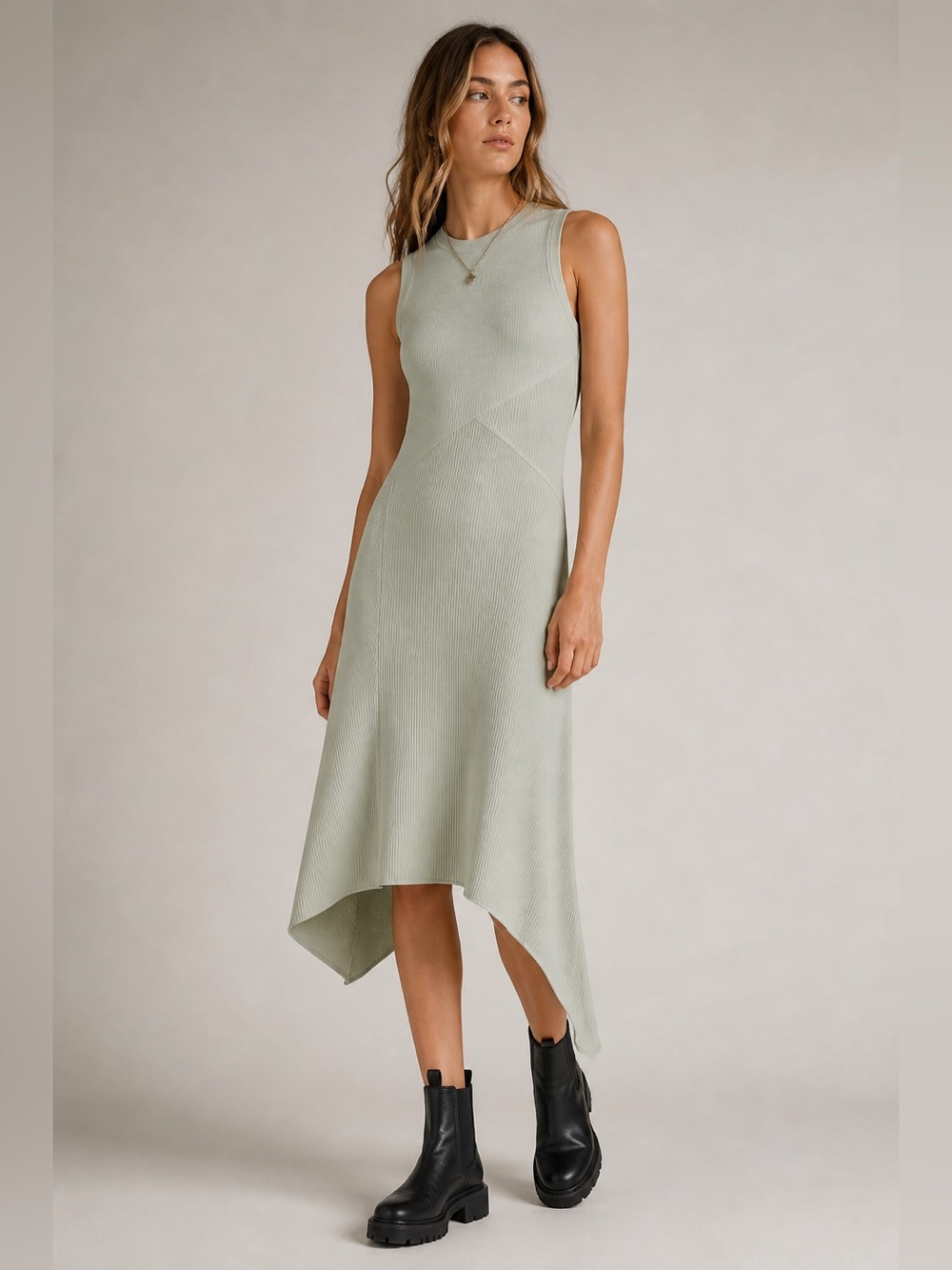 AllSaints Gia Ribbed Asymmetric Midi Dress Sage Green UK 12 US 8 EU 40